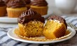 © simba kim - cream cheese filled pumpkin cupcake with chocolate frosting