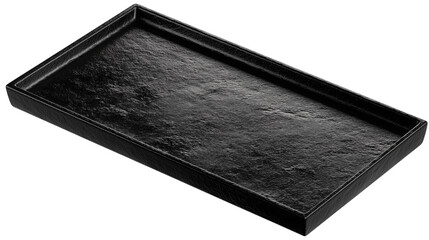 A close up perspective of a textured black rectangular tray on transparent background