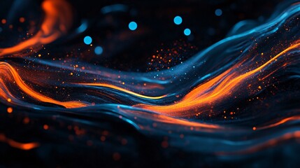 Wall Mural - Abstract flowing lines in orange and blue with bokeh effects against black background.