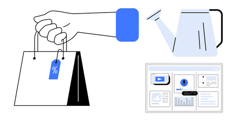 Hand holding a shopping bag with a sale tag, a watering can symbolizing growth, and a digital interface showcasing analytics. Ideal for retail, e-commerce, gardening, business, marketing, analytics