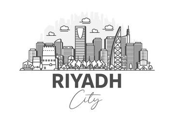 Wall Mural - Riyadh, Saudi Arabia architecture line skyline illustration with shadows. Linear vector cityscape with famous landmarks, city sights, design icons.