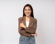 © Chanakon - Attractive Young asian business fashion stylish woman smiling to camera standing pose on isolated white background. Latin Female around 25 wearing jacket suit portrait shot in studio.