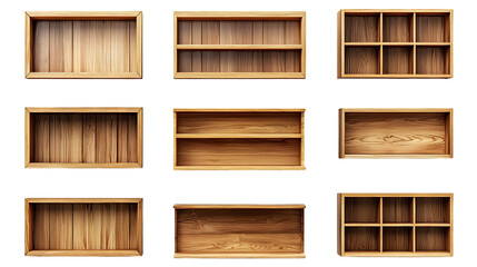 Empty wooden bookshelves and shelving units displayed isolated on a transparent background
