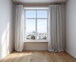 © SUNDAY - A bright, minimalist room with large window, showcasing a cityscape view and light-toned decor.