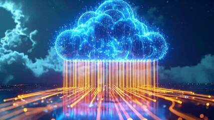 Illustrative Digital Cloud Computing Visualization with Neon Lighting and Data Streams