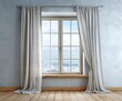 © SUNDAY - Light-filled room with a large window, draped in light beige curtains, showcasing a tranquil cityscape view.