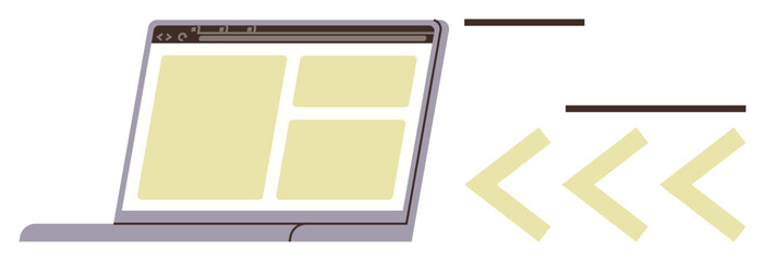 Open laptop displaying web layout blocks representing coding interface. Arrows symbolize coding flow and logic. Ideal for programming, web design, tech learning, coding workshops, online courses