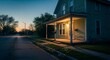 © VU - Retro suburban house at twilight with illuminated porch. Nostalgic 80s-90s vhs style image. Melancholic vibe of quiet neighborhood street. Concept of American dream and suburbia