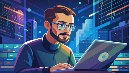 Close-up portrait of male developer typing on laptop. Isolated background highlights focus, innovation, and the digital craft of coding.