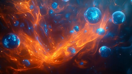 Wall Mural - Abstract cosmic nebula with blue spheres and orange fiery clouds.