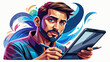 © ehsanollah - Close-up portrait of male graphic designer using digital pen on tablet. Isolated white background conveys artistic vision, modern skills, and creativity.