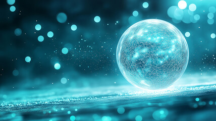Glowing digital sphere with intricate network lines floating above textured surface, surrounded by soft blue bokeh lights creating futuristic and serene atmosphere