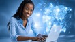 © khamz - Smiling African American Woman Using Laptop with Digital World Map and Data Icons in Background