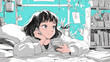 © 963k - レトロポップな配色が魅力のアニメ風イラスト、若い女性がスマートフォンを操作するリラックスした日常シーン、植物や本に囲まれたおしゃれな部屋で過ごす午後の雰囲気