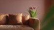 © AI Petr Images - Cozy ochre sofa with tulips whispers spring blossom, Hygge tranquility, Feng Shui balance, amidst serene solitude