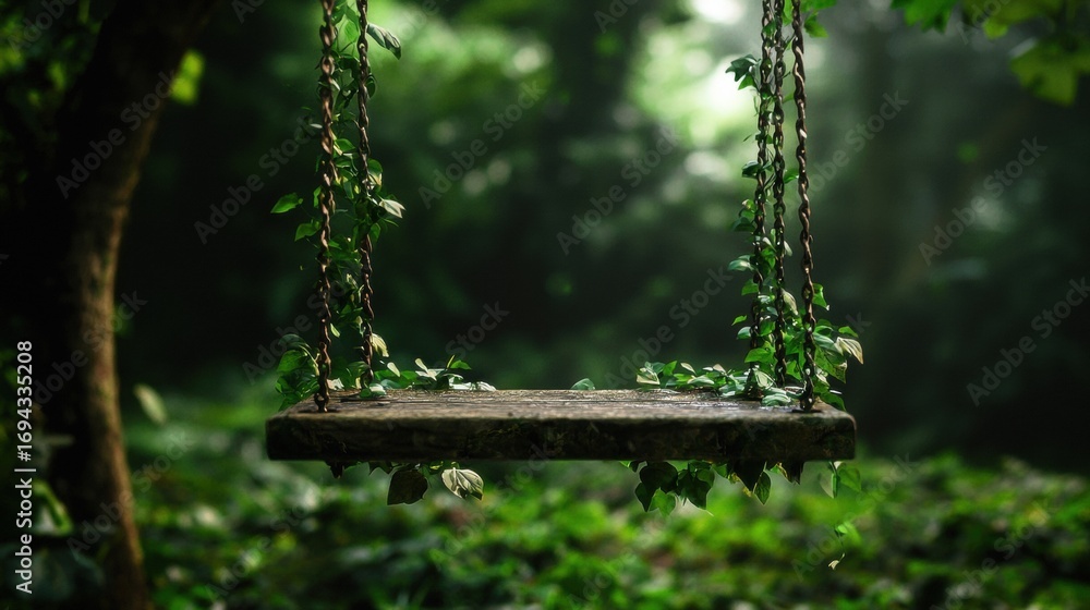 Wooden swing hanging from a tree in a forest. the swing is made of a ...