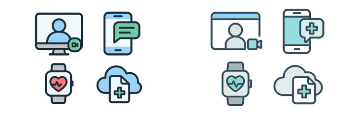 Digital communication, health monitoring, and cloud data storage technology icons for web and mobile apps