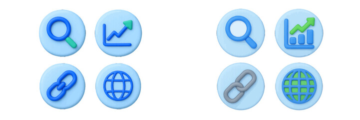 Modern symbols of magnifying glass, upward trend graph, chain link, and globe for business and technology