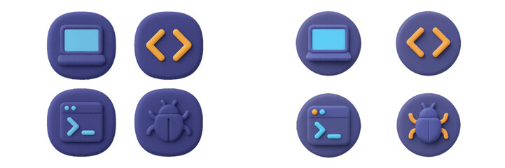 Set of modern programming and software development icons featuring laptop, code brackets, terminal window, and bug symbol
