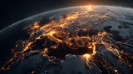 Wall Mural - aerial view of europe at night with city lights and global network connections communications techno
