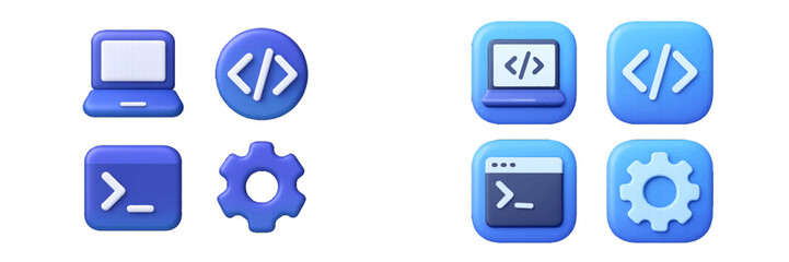Modern programming and development icons featuring laptop, code, terminal, and gear symbols for digital technology
