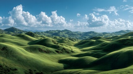 Wall Mural - expansive photorealistic landscape of immense, rolling hills covered in a velvety green carpet of gr