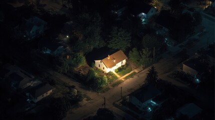 Wall Mural - stunning photo of single brightly lit house glowing in the middle of a pitch-black neighborhood duri