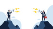 © Roland - Business people shouting through megaphones across a gap symbolizing communication challenges