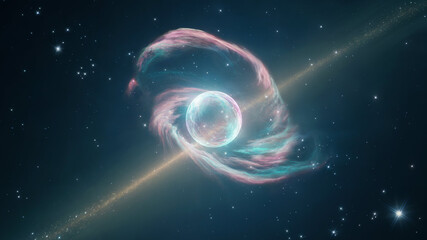 cosmic sphere surrounded by nebula and stellar dust illuminated against a dark starry background
