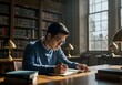 © YiXiong - A man in a blue sweater is writing in a notebook in a library.