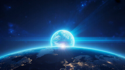 Wall Mural - Vibrant blue planet and celestial sphere rising over earths glowing city lights at night