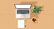© Suroyo - Modern workspace setup with laptop, plant, coffee and notepad symbolizing productivity