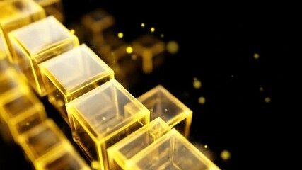Wall Mural - Abstract animation of golden transparent cubes with bokeh effect