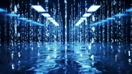 Wall Mural - Abstract digital data stream flowing through a reflective virtual space