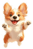 A cute little dog is jumping in the air with its paws raised. The dog has a big smile on its face and looks very happy