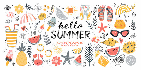 Naklejka na meble Hello summer banner with tropical beach elements and fun illustrations