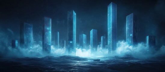 Wall Mural - Futuristic city skyline at night, glowing towers emerge from ethereal fog.