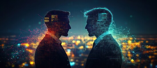 Wall Mural - two businessmen facing each other, their heads overlaid with digital circuitry, symbolizing technolo