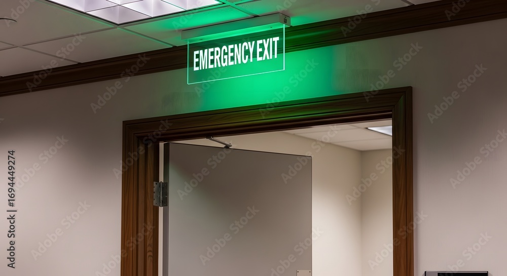 Stock-Foto „Illuminated green emergency exit sign providing safety ...