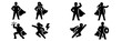 © typepng - Superhero icon set with male and female characters in various action poses like flying, standing strong, and using powers, black silhouettes isolated on a white background