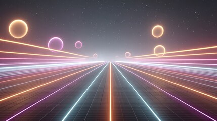 Wall Mural - Futuristic Psychedelic Virtual Reality World with Neon Lines and Spheres