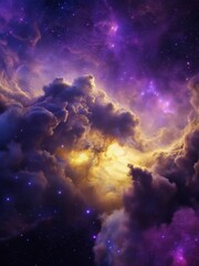 Wall Mural - Vast purple nebula with wispy gold clouds suspended in a starry galaxy background
