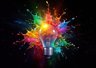 Wall Mural - Vibrant paint splatters emerging from a glowing lightbulb as it bursts into colorful chaos