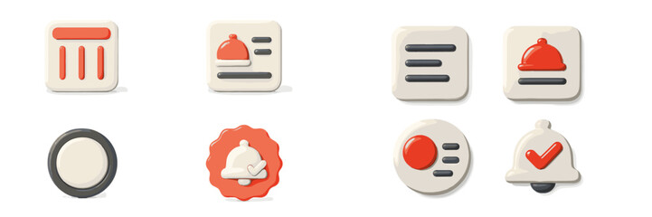 Collection of 3D user interface icons for web and mobile applications featuring a notification bell, menu list, and service buttons