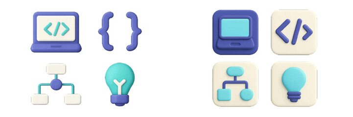 Modern 3D style icons representing programming, software development, and creative ideas for digital applications and web design