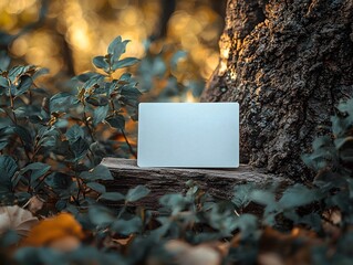 Wall Mural - blank white card on a rustic log in a tranquil forest setting providing copy space
