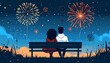 © En - Flat design illustration of a romantic couple watching fireworks at night. Perfect for New Year, celebration, holiday, or festive season themes. Vector art for greeting cards, banners, and posters