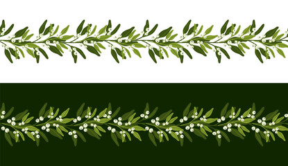 Wall Mural - christmas border with mistletoe branches and berries. seamless pattern with winter floral. elegant v