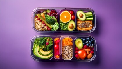 nutritious lunch concept using healthy meal prep containers displayed on bright purple background