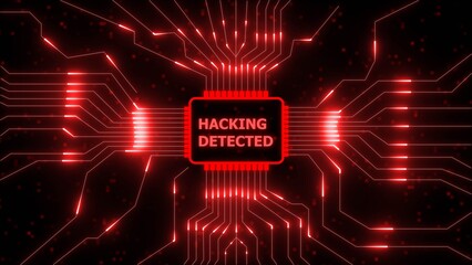 Red glowing circuit board with hacking detected warning technology computer